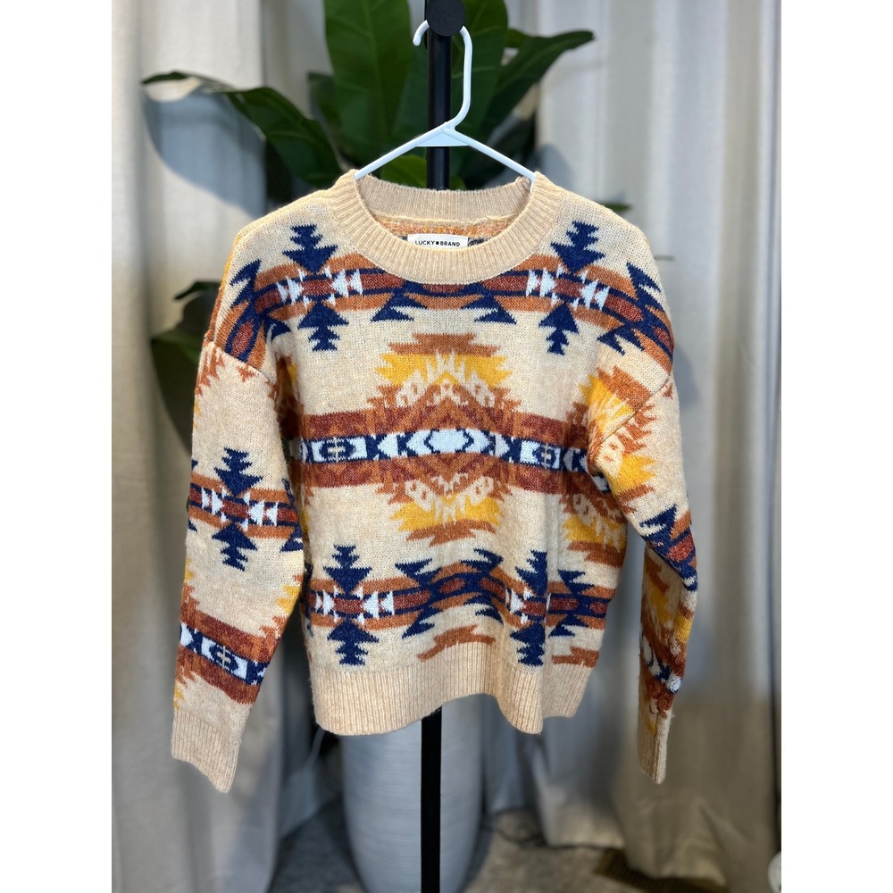 Lucky Brand Womens Southwestern Intarsia Knit Crewneck Sweater Tan Multi Size M